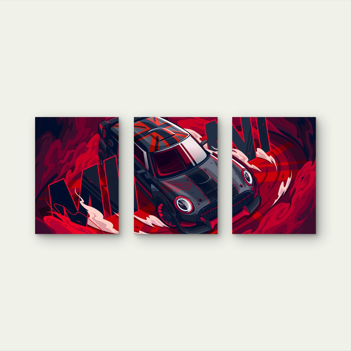 3pcs Fiery Crimson Union Jack Motorsport Metal Print Ready to Hang Art - Bella Home Decor