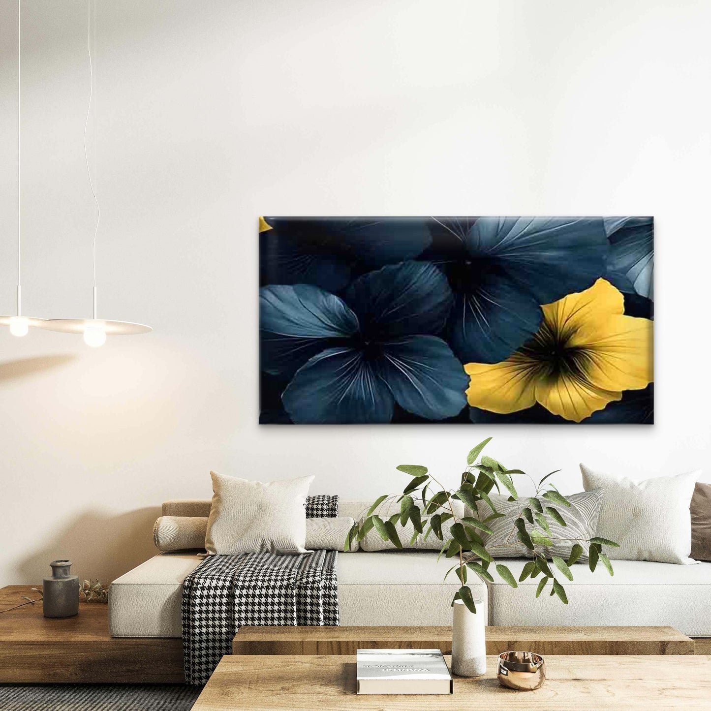 Blue and Yellow Floral Wall Art Canvas Office Home Room Framed 120x60cm - Bella Home Decor