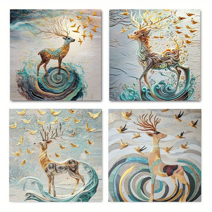 4pcs Feng Shui Golden Rich Tree Wall Art Canvas Framed