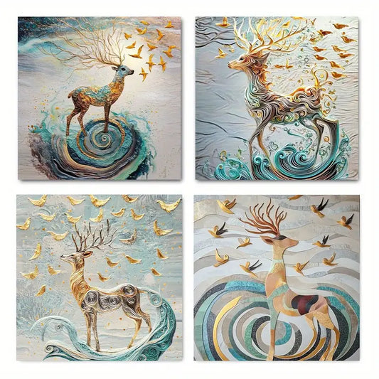 4pcs Feng Shui Golden Rich Tree Wall Art Canvas Framed