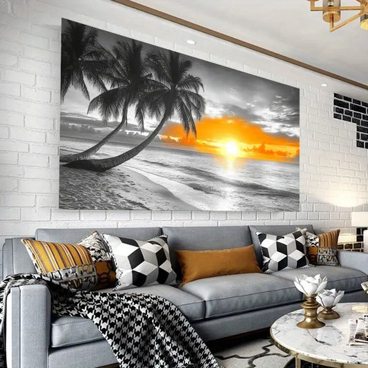 Tropical Beach Sunset Coconut Trees & Ocean View Wall Art wall canvas office home room framed 120x60cm