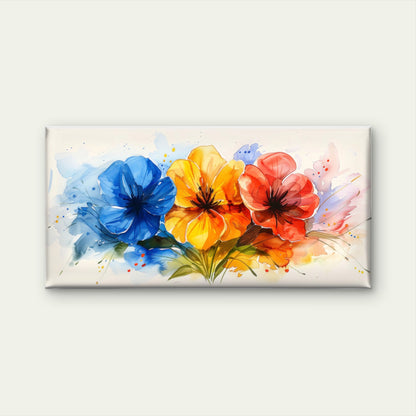 Vibrant Watercolor Floral Trio Blue Yellow Red Blossoms Wall Art Canvas Office Home Room Framed 120x60cm