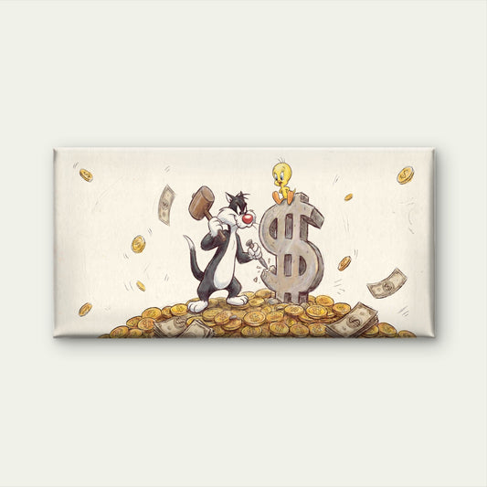 Black Cat & Yellow Bird Money Wall Art Canvas Office Home Room Framed 120x60cm