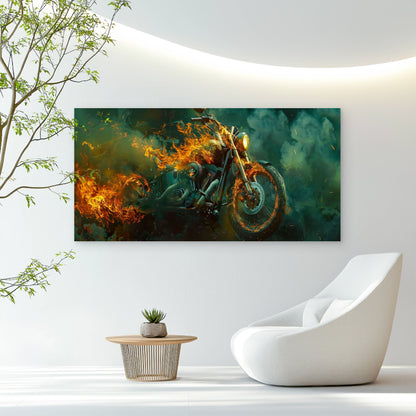 Motorcycle In Flames Wall Art Canvas Office Home Room Framed 120x60cm