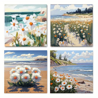 4pcs Beach Coastal Floral Ocean Waves & Wildflowe Wall Art Canvas Framed