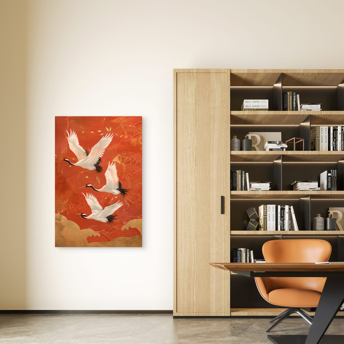 Several Flying Cranes Retro Style Red Background 60x90cm Metal Print Ready to Hang