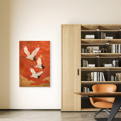Several Flying Cranes Retro Style Red Background 40x60cm Metal Print Ready to Hang