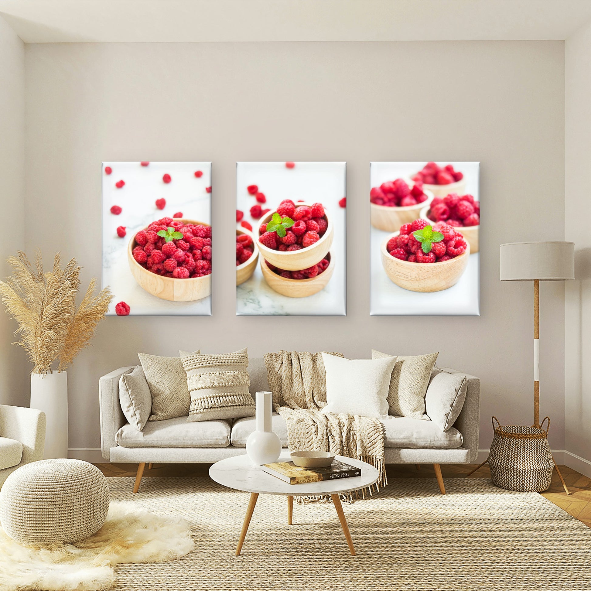3pcs Fresh Red Raspberry Fruit Kitchen Bowl Food Wall Art Set Canvas Framed 50x70cm - High Quality Print 100% Australian Made Wall Canvas Ready to Hang