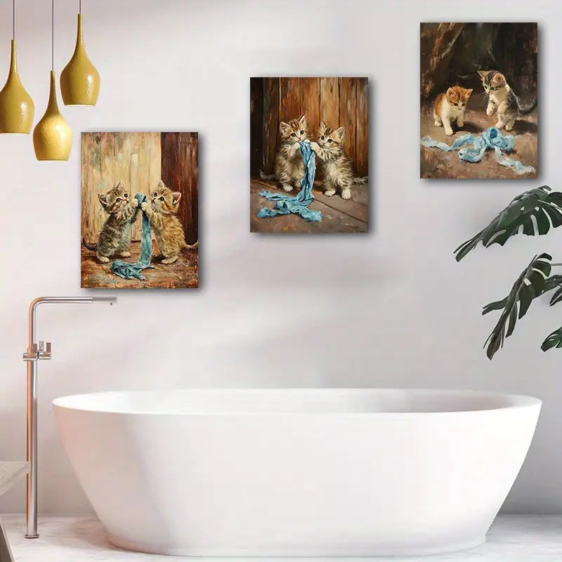 3pcs Playful Cat Paintings Metal Print Ready to Hang Art