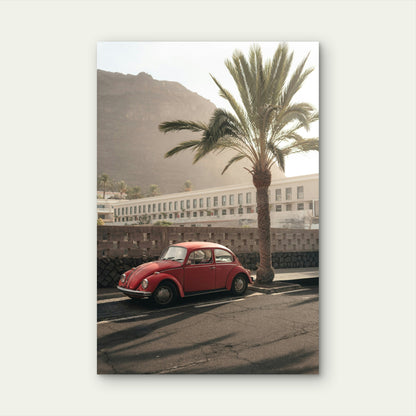 Classic Red Volkswagen Beetle Sits Beside A Tall Palm Tree 60x90cm Metal Print Ready to Hang