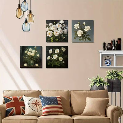 4pcs Vintage White Roses Floral Wall Art Canvas Framed
