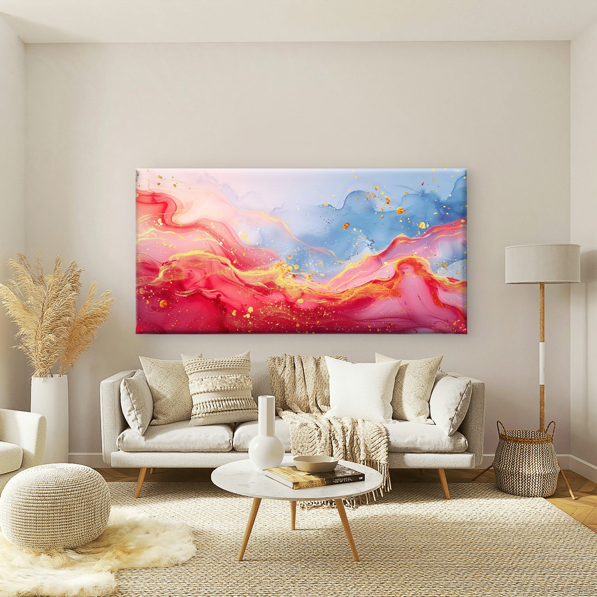 Vibrant Crimson Gold Abstract Wall Art Canvas Office Home Room Framed 120x60cm - Bella Home Decor