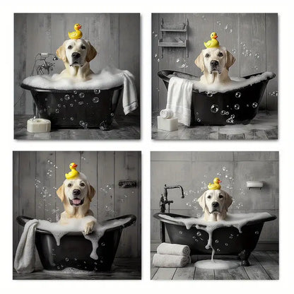 4pcs Funny Bathtub Labrador Picture Wall Art Canvas Framed