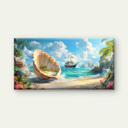 Tropical Shell Island Coastal Wall Art Canvas Office Home Room Framed 120x60cm - Bella Home Decor