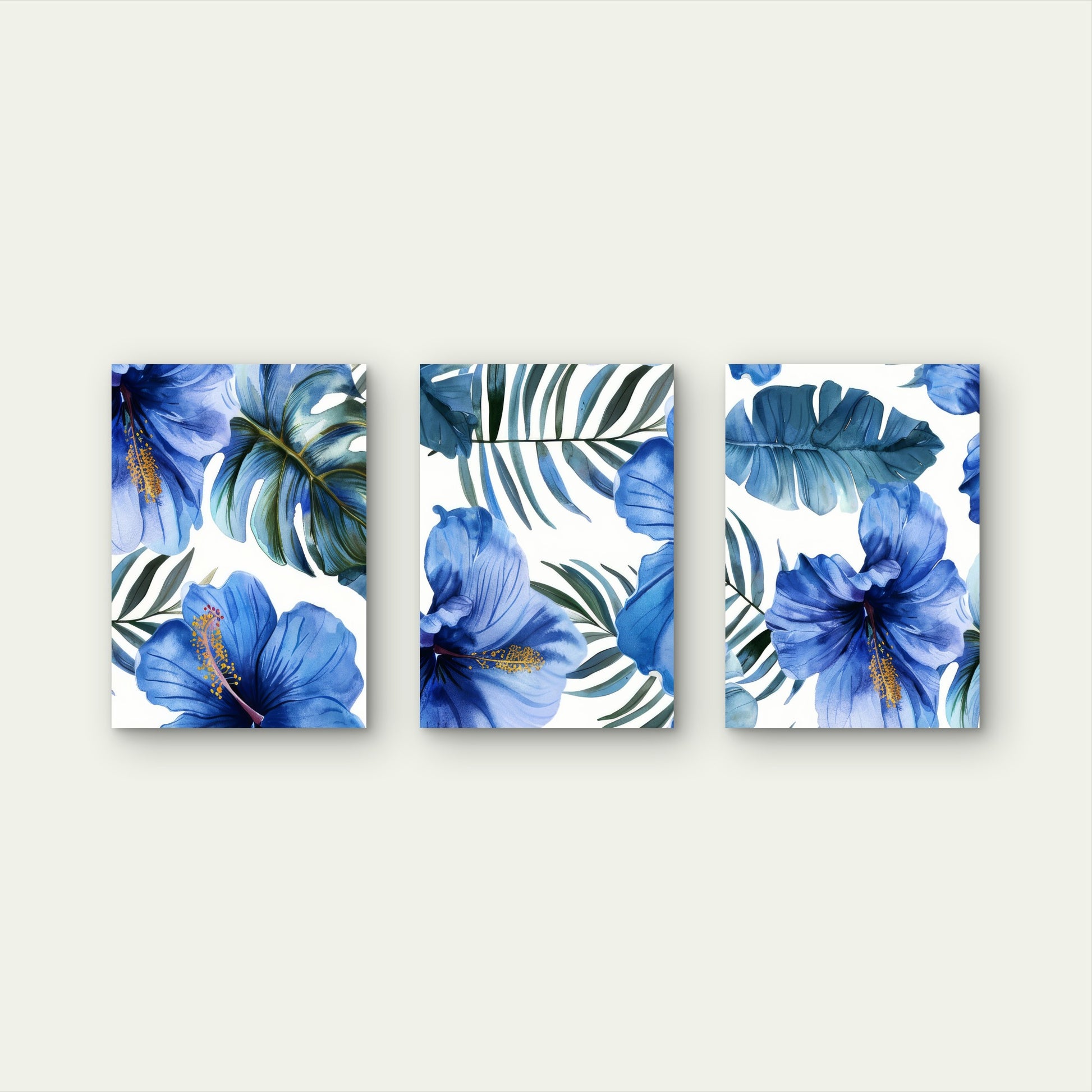 3pcs Blue Hibiscus Tropical Palm Leaf Decor Wall Art Set Canvas Framed 40x60cm - High Quality Print 100% Australian Made Wall Canvas Ready to Hang