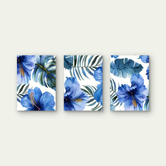3pcs Blue Hibiscus Tropical Palm Leaf Decor Wall Art Set Canvas Framed 50x70cm - High Quality Print 100% Australian Made Wall Canvas Ready to Hang
