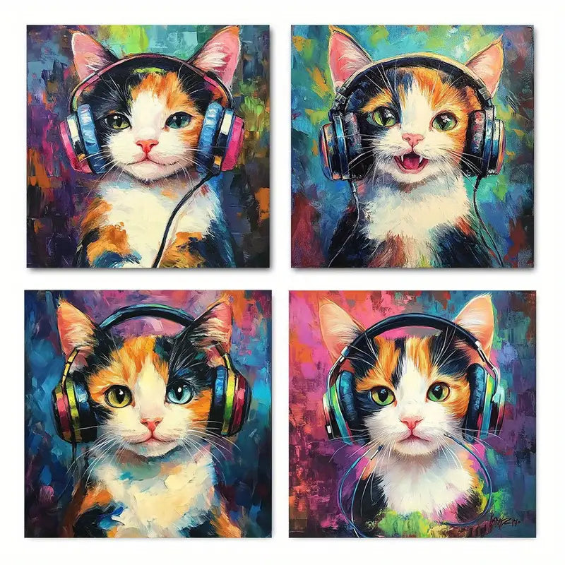 4pcs  Cat with Headphones  KING    Wall Art Canvas Framed