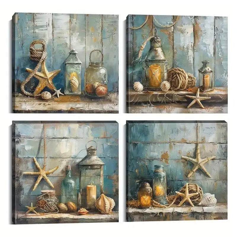 4pcs Ocean Theme Starfish Shell Lamp Rope Canvas Wall Art Canvas Framed