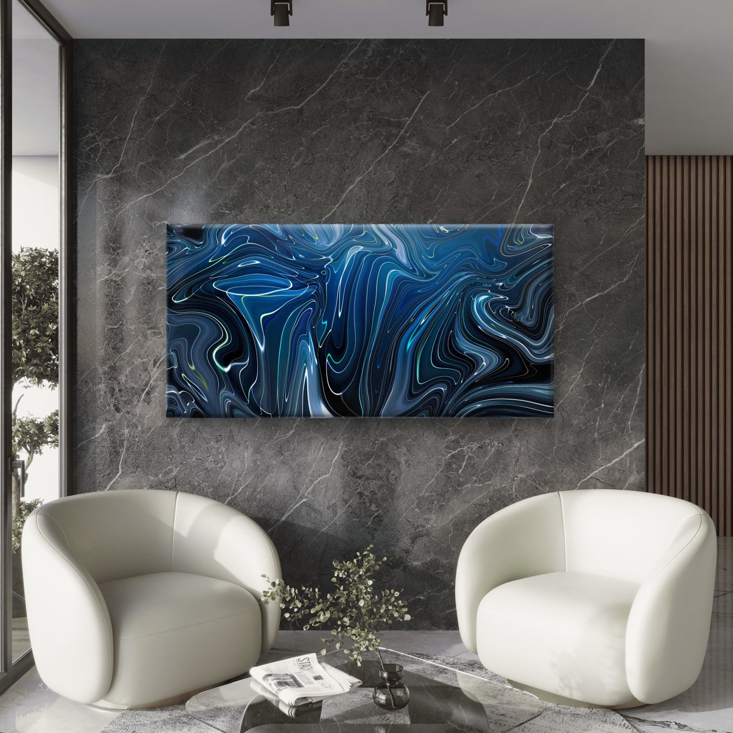 Blue Abstract Liquid Marble Wall Art Canvas Office Home Room Framed 120x60cm - Bella Home Decor