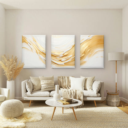 3pcs Abstract Golden Ocean Wave Flow Painting  Wall Art Set Canvas Framed 50x70cm - High Quality Print 100% Australian Made Wall Canvas Ready to Hang