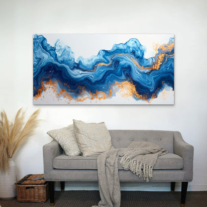 Azure Ocean Gold Shimmer Wall Art Canvas Office Home Room Framed 120x60cm