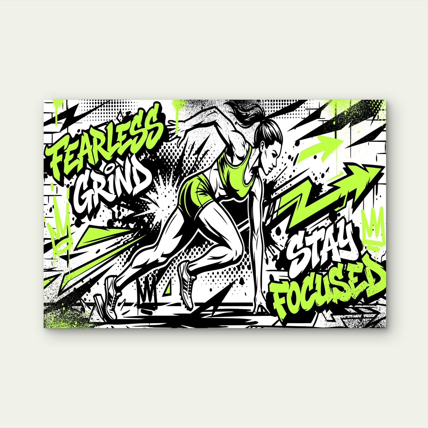 Female Athlete Runner Sprinter Fearless Grind Stay Focused Graffiti Green Black 5mm thick Plastic Poster Ready to Hang 90x60cm