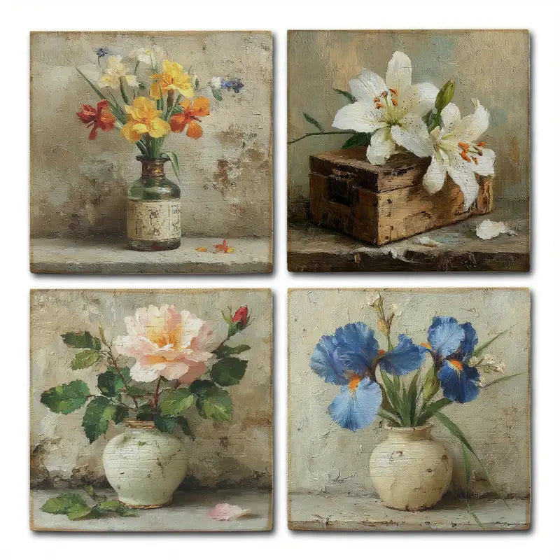 4pcs Garden - Artificial Flower Sign Wall Art Canvas Framed