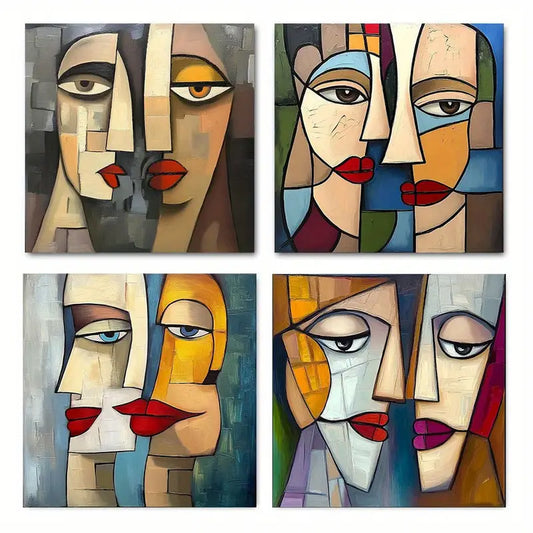 4pcs Abstract Cubist Face Wall Art Canvas Framed