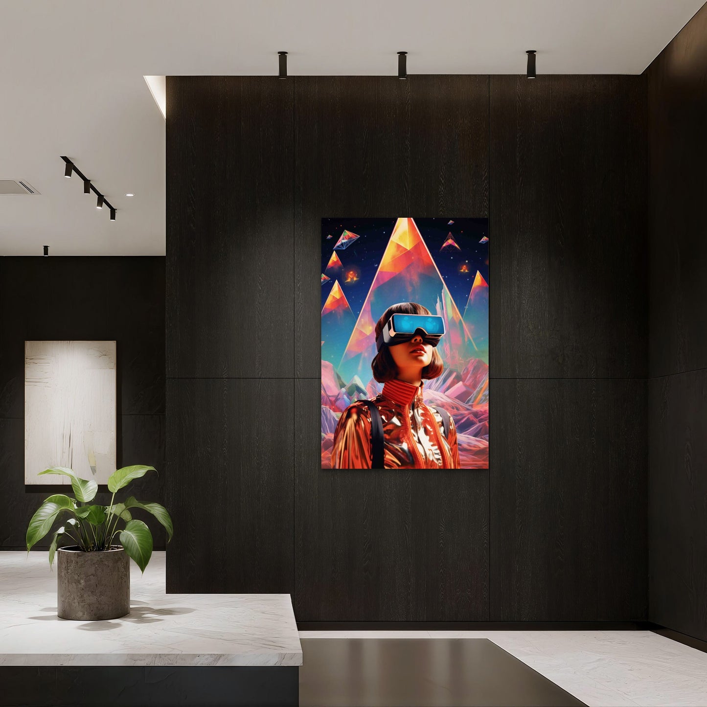 Person Wearing Futuristic High Tech VR Glasses 40x60cm Metal Print Ready to Hang - Bella Home Decor