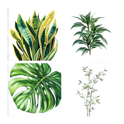4pcs, Tropical Leaves &  Lush Green Wall Art Canvas Framed