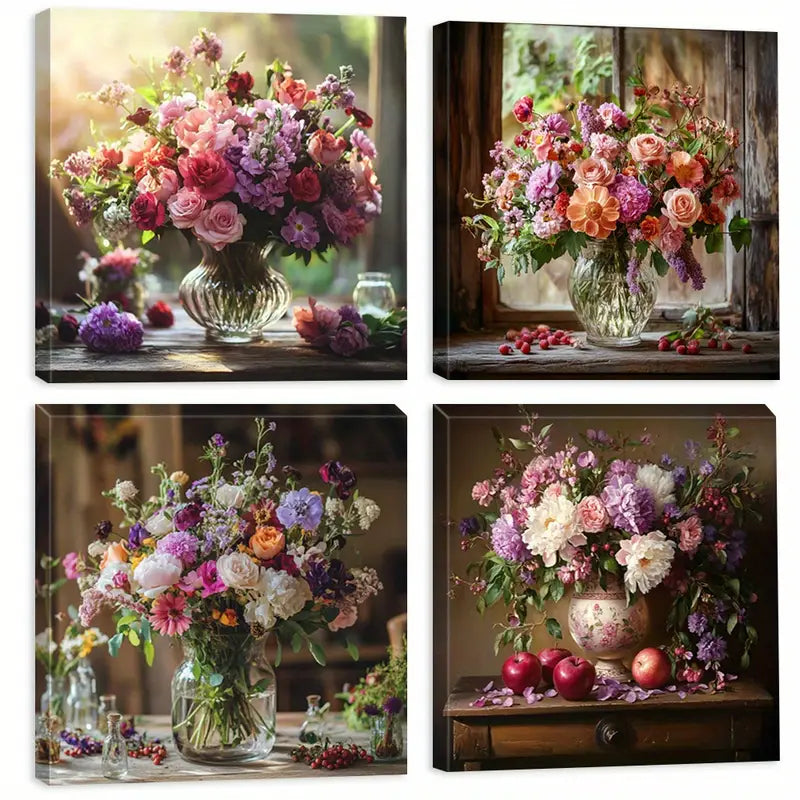 4pcs  Rustic Elegance Flowers  Wall Art Canvas Framed
