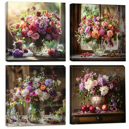 4pcs  Rustic Elegance Flowers  Wall Art Canvas Framed