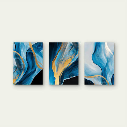 3pcs Abstract Ocean Fluid Blue Gold Ribbon  Wall Art Set Canvas Framed 50x70cm - High Quality Print 100% Australian Made Wall Canvas Ready to Hang