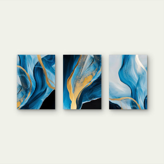 3pcs Abstract Ocean Fluid Blue Gold Ribbon Wall Art Set Canvas Framed 50x70cm - High Quality Print 100% Australian Made Wall Canvas Ready to Hang