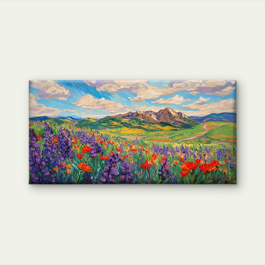 Retro Mountain Wildflowers Wall Art Canvas Office Home Room Framed 120x60cm