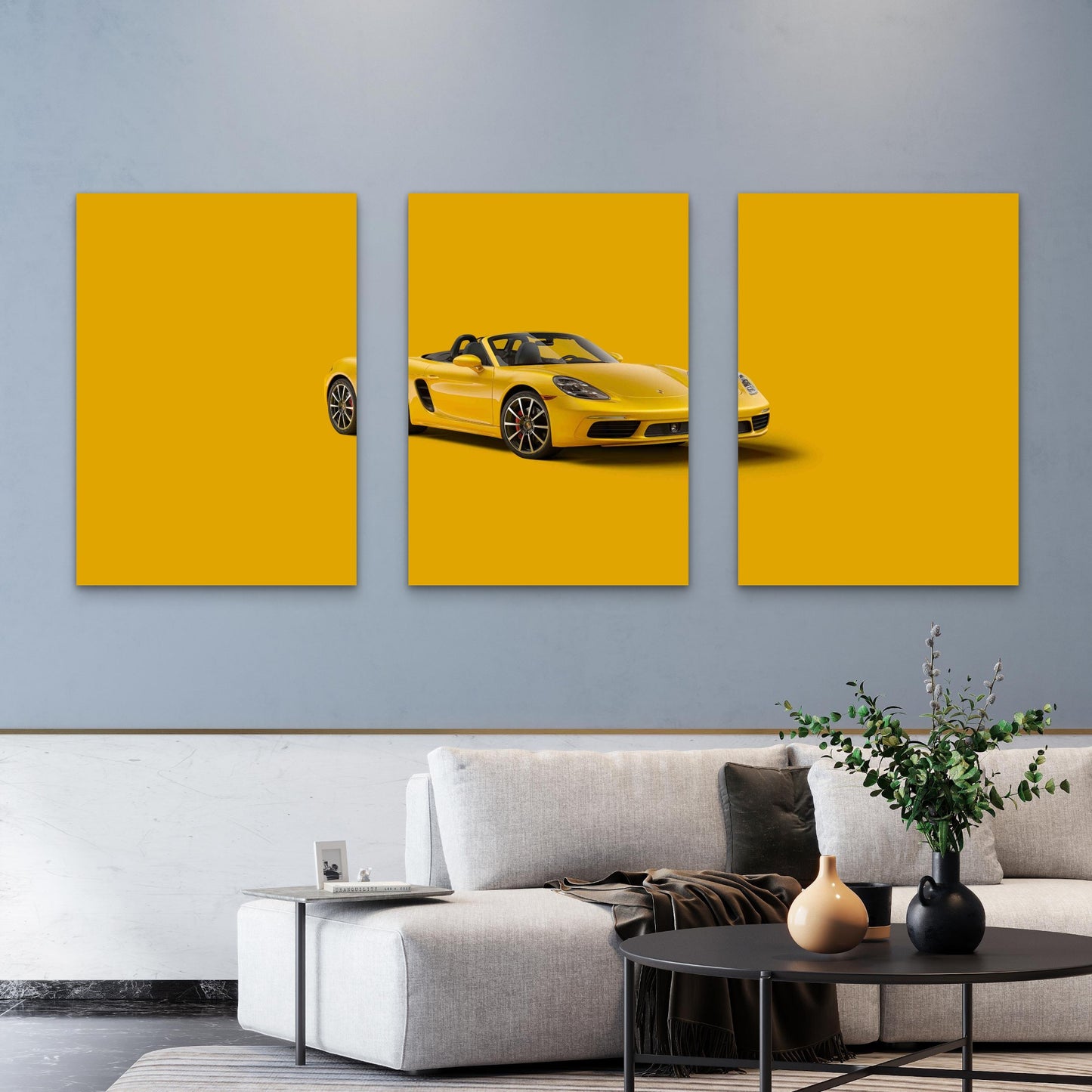 3pcs Mustard European Convertible Sports Car Metal Print Ready to Hang Art