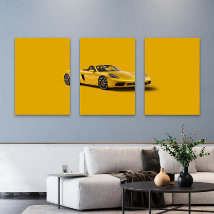 3pcs Mustard European Convertible Sports Car Metal Print Ready to Hang Art