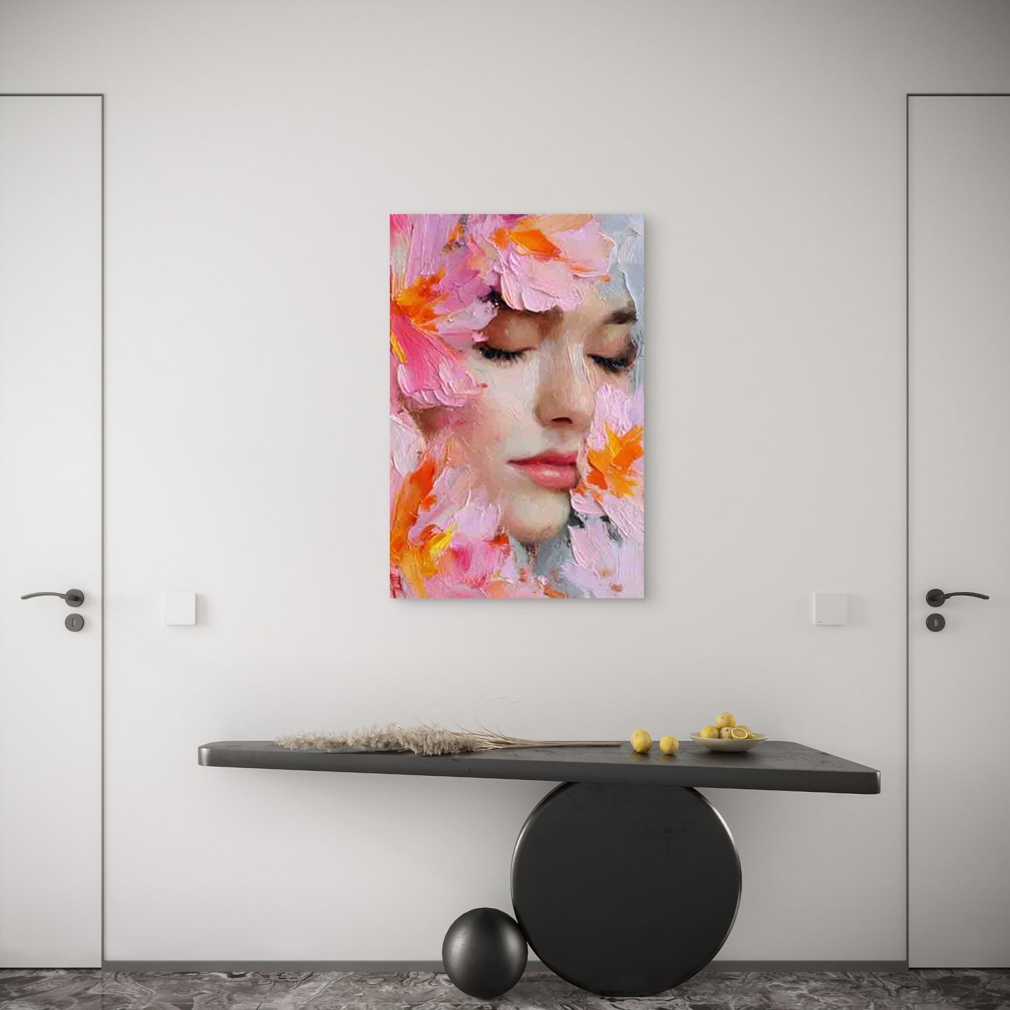 Female Face Pink Lily Blossoms 60x90cm Metal Print Ready to Hang