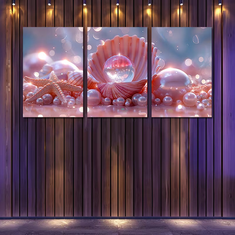3pcs Opalescent Crystal in Open Seashell Wall Art Set Canvas Framed 40x60cm - High Quality Print 100% Australian Made Wall Canvas Ready to Hang