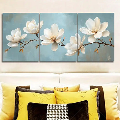 3pcs White Magnolia Flower Paintings Metal Print Ready to Hang Art
