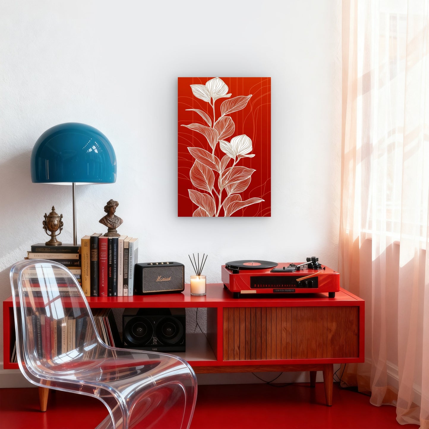 White Flowers Red Background 60x90cm Metal Print Ready to Hang