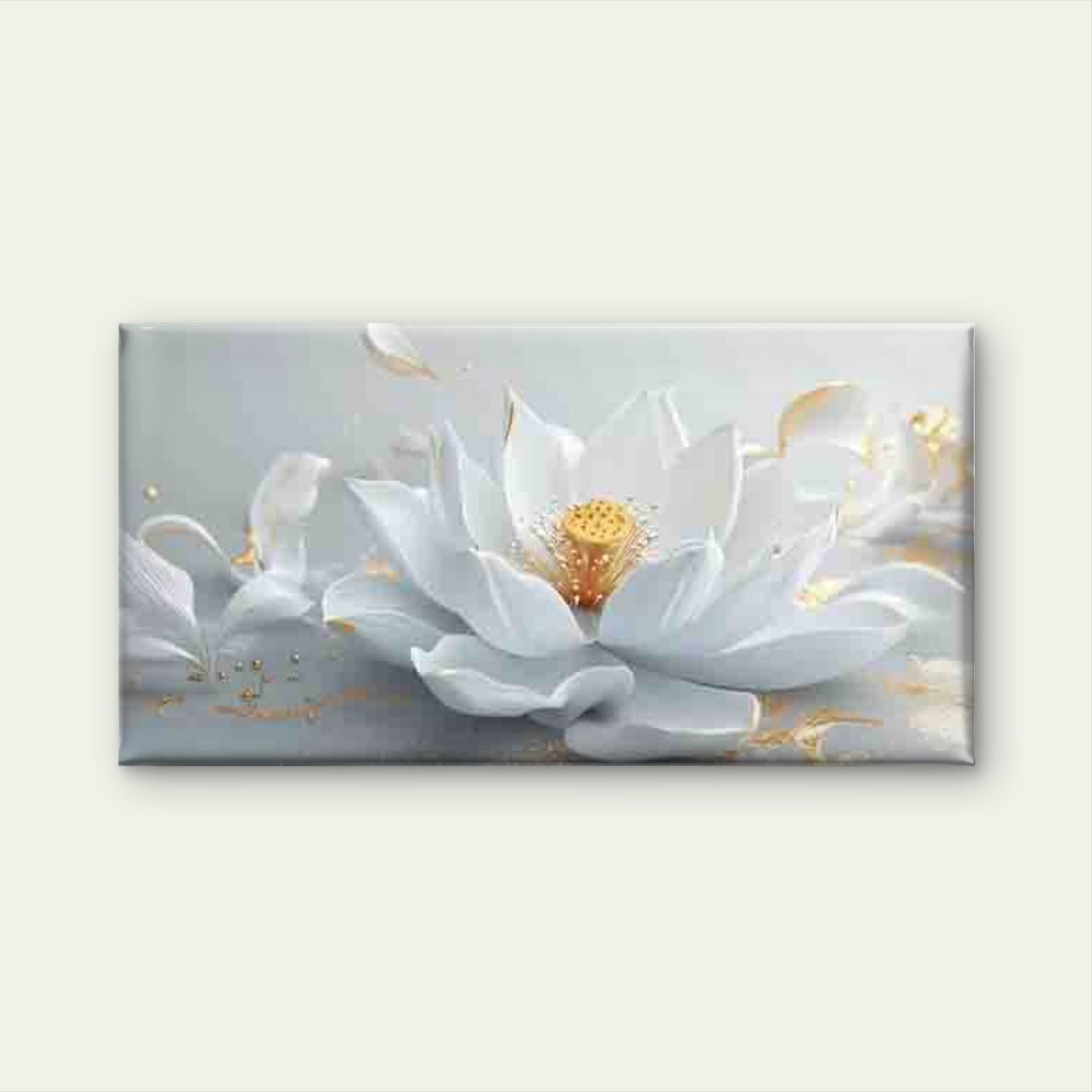 White Lotus with Golden Accents Wall Art Canvas Office Home Room Framed 120x60cm - Bella Home Decor