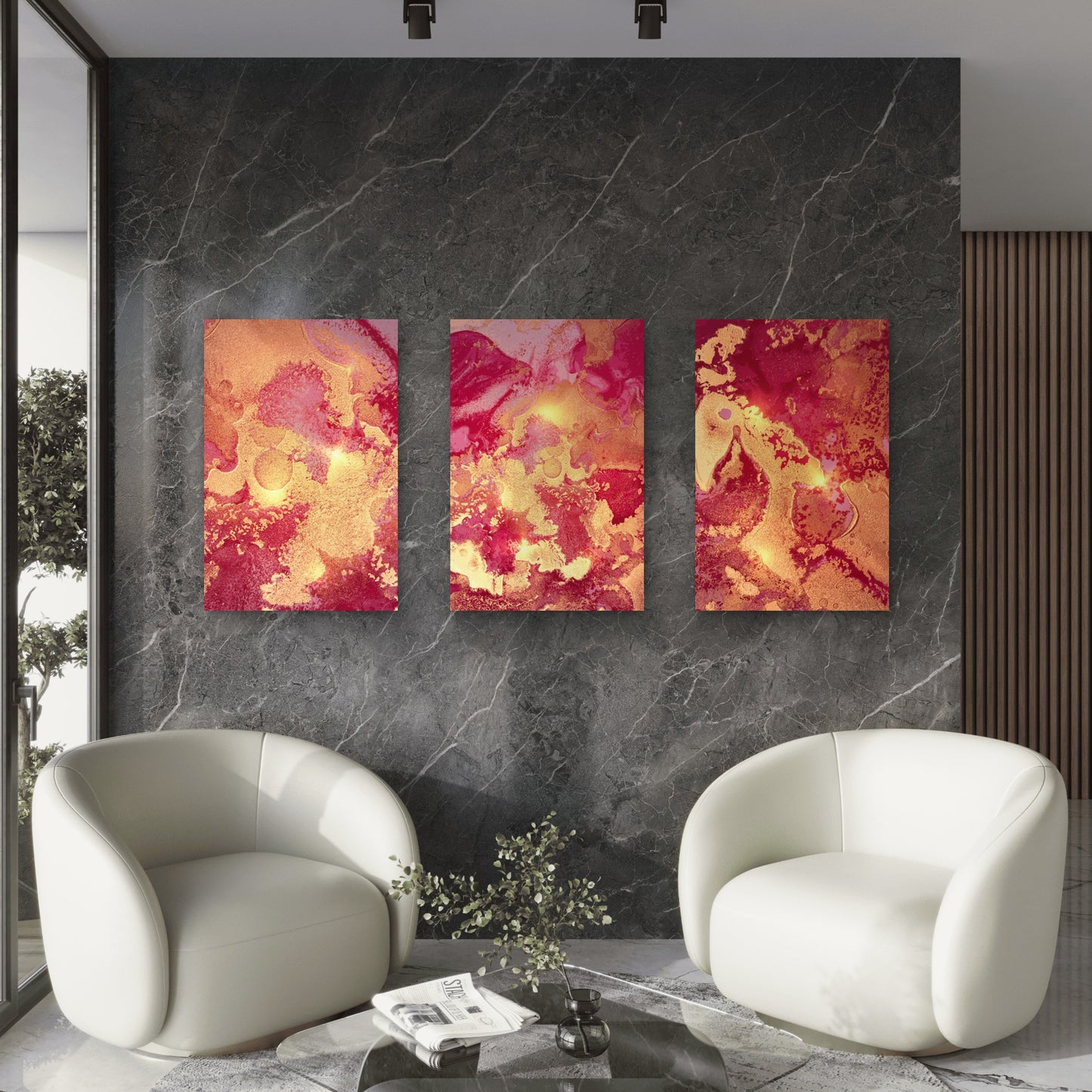 3pcs Fuchsia Gold Modern Abstract  Wall Art Set Canvas Framed 40x60cm - High Quality Print 100% Australian Made Wall Canvas Ready to Hang