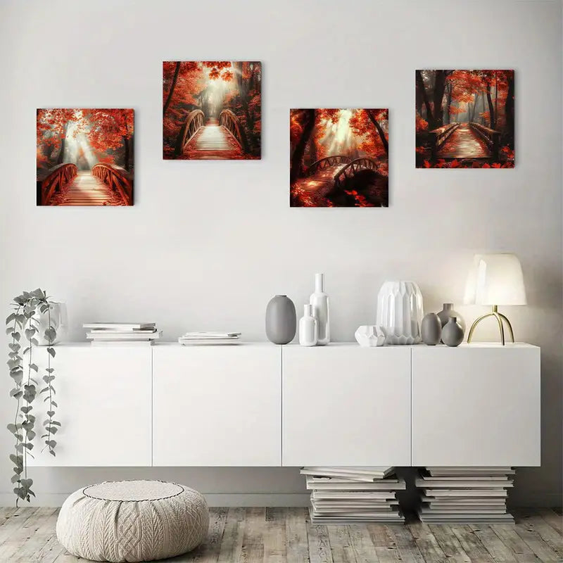 4pcs Autumn Bridge In Forest Wall Art Canvas Framed