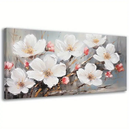 Abstract Blooming Flowers Elegant White & Golden Floral Wall Art canvas office home room framed 120x60cm - Bella Home Decor