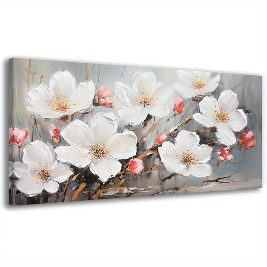 Abstract Blooming Flowers Elegant White & Golden Floral Wall Art canvas office home room framed 120x60cm - Bella Home Decor