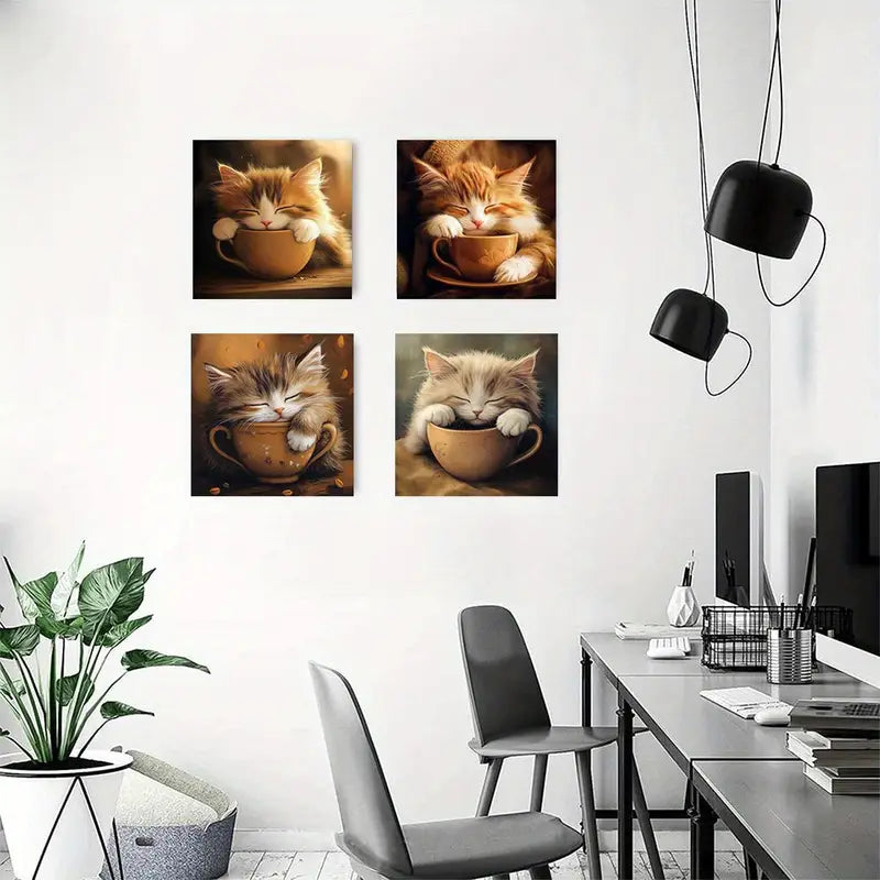4pcs Vintage Abstract Cat & Coffee  CV  Wall Art Canvas Framed