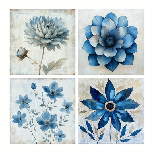 4pcs Blue Flowers Paintings Wall Art Canvas Framed