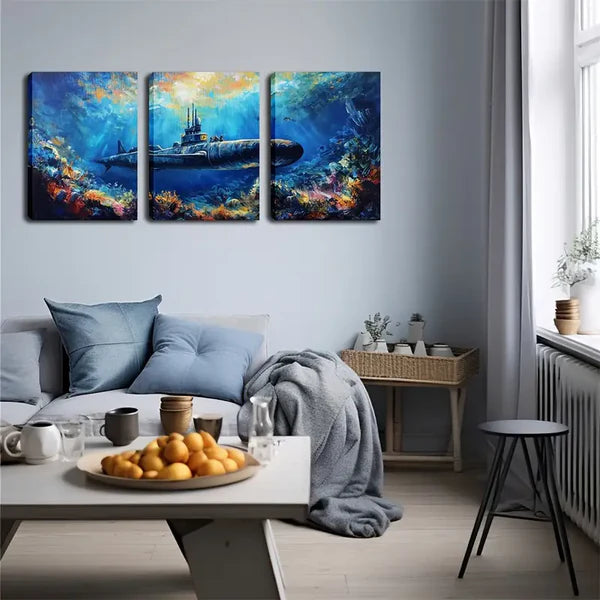 3pcs Submarine in Deep Sea Wall Art Set Canvas Framed 60x90cm - High Quality Print 100% Australian Made Wall Canvas Ready to Hang - Bella Home Decor