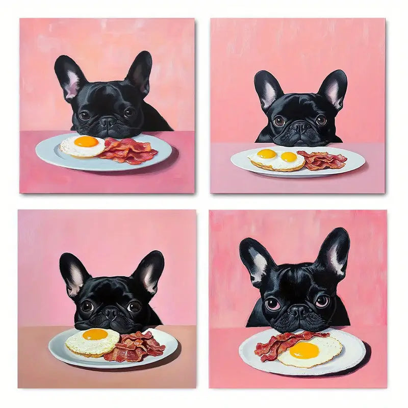 4pcs Charming Black French Bulldog   Wall Art Canvas Framed